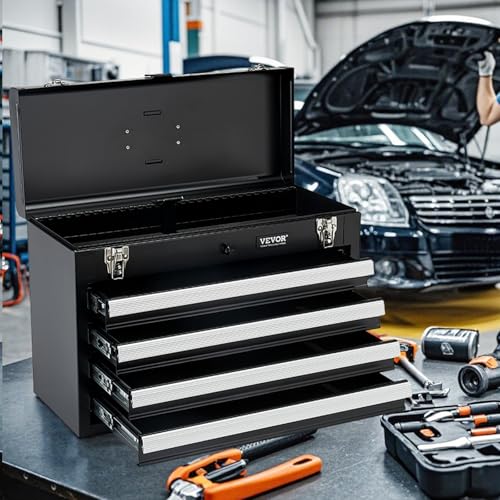 VEVOR Metal Tool Box, 20.5-inch, Portable Metal Tool Box with 4 Drawers, Small Tool Chest with EVA Liners, Ball Bearing Slide Drawers Locking & Powder Coated Finish, Multi-Function Tool Organizer - size: 4 Drawers-Black