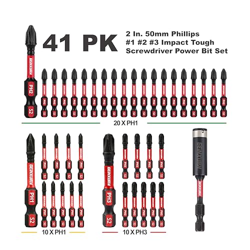 GEINXURN Anti-Slip Hex Impact Tough Magnetic Screwdriver Bits Set 2 in. PH1/PH2/PH3 Insert Driver Bits,40Pack 1/4 Inch Hex Shank Phillips Cross Screwdriver Bits Set with 1Pcs Impact Bit Holder - size: 41pcs-2“