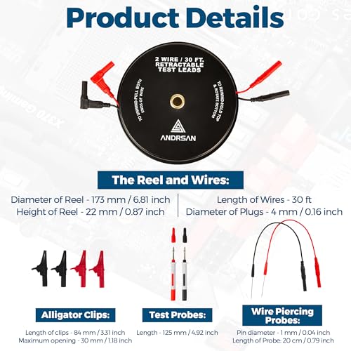 2 Wire 30 ft Retractable Test Leads with 4 mm Banana Plugs, 18 AWG Multimeter Test Leads with 4 Alligator Clips, 2 Test Probes and 2 Wire Piercing Probes, Test Lead Kit for Testing Electrical Circuits