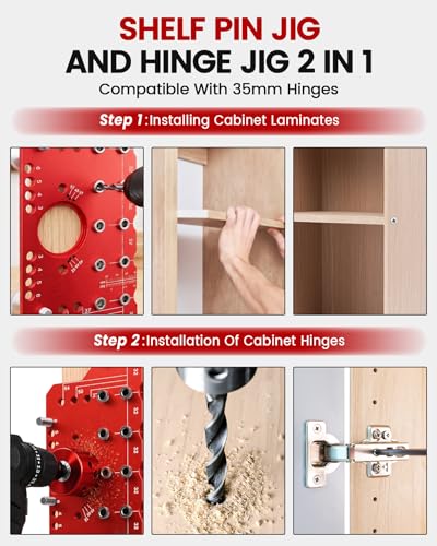 TANYO 2 In 1 Shelf Pin Jig and Hinge Jig, 35mm Drill Bits, Cabinet Hardware | Aluminum, 4 Hardened Bits, 1/4" Spacing, Offset 37/50/64, Hinge 3-6mm, Woodworking Drill Guide Tool - color: Red, size: 11 Hole
