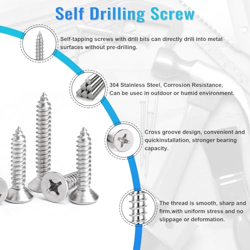460PCS Stainless Steel Wood Screws Assortment Kit, 18 Sizes #4#6#8#10#12 Flat Head Sheet Metal Screws Self Tapping Screws Set for Wood Deck Drywall Concrete Screws, Length 1/4" to 2" - style: Silver Flat Head 460PCS