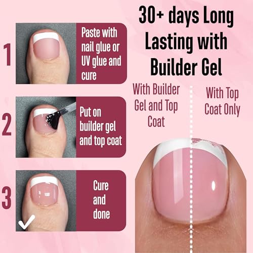 NOVO OVO Fake Toe Nail Tips Press on, French Tip Soft Gel Toenail Extension, BERRY PINK Square Round Pre-applied Tip Primer & Base Coat, Full Cover Matte False Nails for DIY x 15 Sizes 360Pcs - color: Square Round French Tip Berry Pink