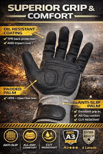 ANSI A3 Cut Resistant Work Gloves, TPR Impact Protection, Nitrile Anti-Slip Palm, HPPE Glass Fiber, Oil Resistant. LARGE - size: Large
