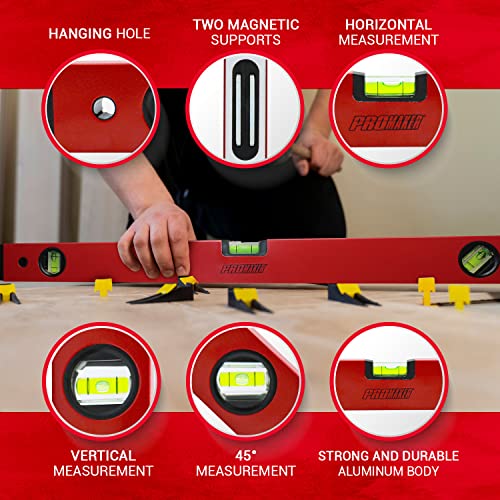 PROMAKER 24-Inch Magnetic Level with 180/90/45 Bubbles, Shock Resistant Aluminum Body, Overhead Viewing - PRO-NV031 - size: 24 inch