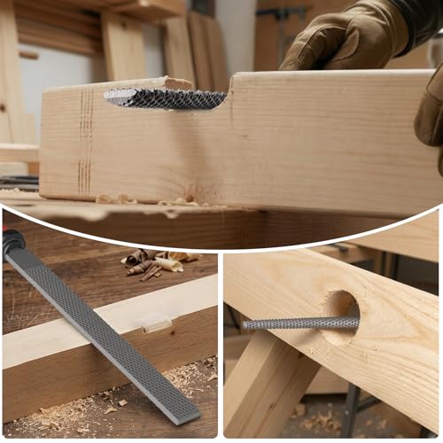 4PCS Wood Rasp File Set, 8-Inch, High-strength carbon steel, Flat/Half-round/Round Wood file with Handle, Wire Brush, For Woodworking