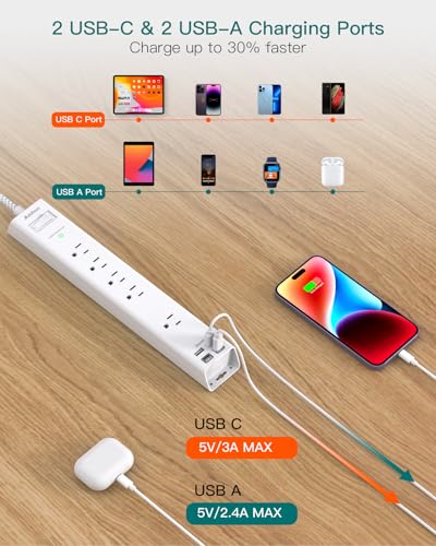 2 Pack Surge Protector Power Strip -5ft Extension Cord, 5 Outlets 4 USB - size: 5 FT
