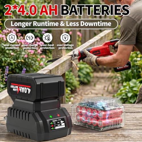 FULLYEA Reciprocating Saw Cordless, 3500 SPM Brushless Reciprocating Saws, Tool-Free Blade Change, Power Reciprocating Saws with 2*4.0Ah Battery & Charger, Cordless Saw for Wood/Metal/Plastic Cutting