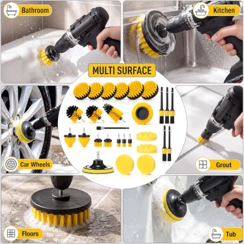 28 Pack Drill Brush Attachment Set, Power Scrub Brushes Extend Long Reach Tools for Grout, Floor, Tub, Bathroom and Kitchen Surface,Scratch Brushes (Yellow) - color: Yellow