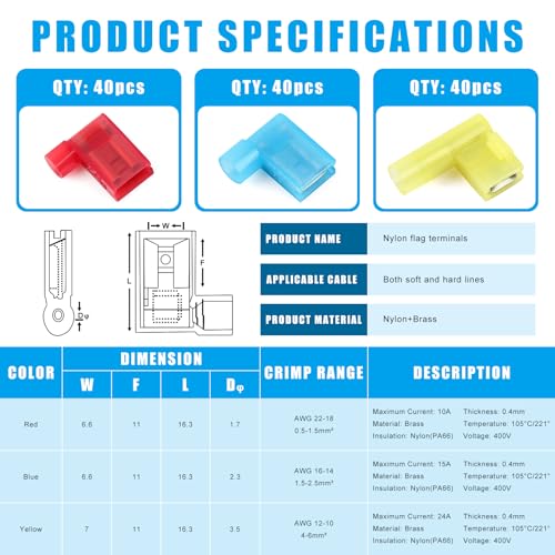 90 Degree Right Angle Spade Connectors 120PCS - Quick Disconnect Wire Connectors Kit with Nylon Insulation, Female Crimp Terminals for AWG22-10 Electrical Spade Terminal Assortment - style: 120PCS Flag Wire Connectors