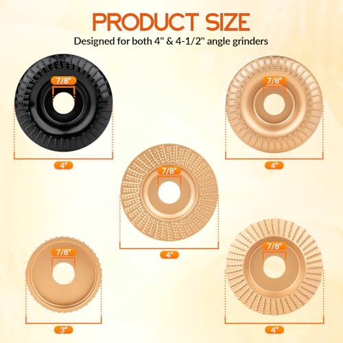 Beaiguna 5PCS Wood Carving Disc, 4IN and 4 1/2IN Angle Grinder Polishing Pad Stump Grinder Wheel, Angle Grinder Sanding Disc Tungsten Carbide Wheel Tools Set, Upgraded Wood Grinding Wheel Discs