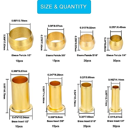 150PCS Tube OD（1/4" 5/16" 3/8" 1/2") Brass Compression Sleeves Ferrules & Insert,4 Sizes Brass Compression Fitting Assortment Kit - size: 150 pcs, 1/4", 5/16", 3/8", 1/2"