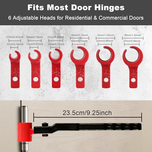 6 in 1 Door Hinge Adjustment Tool – Upgraded 0.39-0.98 inch Hinge Gap Adjusting Wrench Kit, Precision Door Hinge Repair Set for Eliminating Uneven Gaps & Noise (Red)
