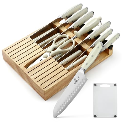 N NOBLE FAMILY In-drawer Knife Block Set, 16PCS Kitchen Knife Set with Wooden Block, Chopping Knives Set, Stainless Steel Knife Block Set, Sharp Cooking Knife Set with Cutting Board, Rust Proof, White - color: White