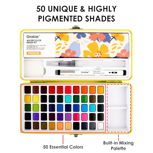 Grabie Set of 50 Color Watercolor Paint Set with Brush Pens - color: 50 Colors（New）