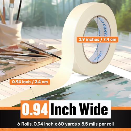Beige White Masking Tape, 0.94 Inch Wide x 60 Yards, 6 Rolls - size: 0.94 Inch x 60 Yards