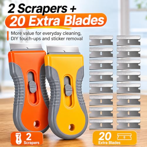 Razor Blade Scraper Set, 2 Safety-Lock Handles + 20 Steel Blades - size: 2pack+20pcs