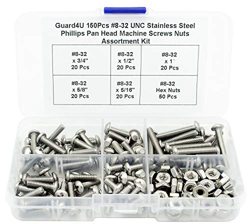 150Pcs #8-32 UNC Stainless Steel Phillips Pan Head Machine Screws Nuts Assortment Kit- #8-32x 5/16" 1/2" 5/8" 3/4" 1" - size: #8-32