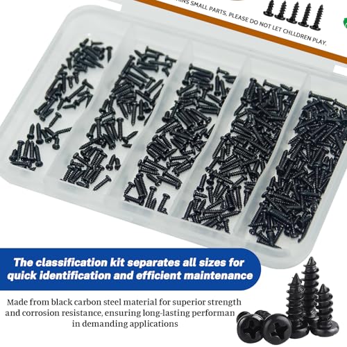 500Pcs M1.2x3/4/5/6/8 Self-Tapping Wood Screws Assortment Kit, Phillips Pan Head, Black Carbon Steel, 6 Sizes, for Wood Plastic and Soft Metal - size: M1.2x3/4/5/6/8-500Pcs
