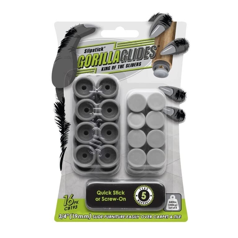 GorillaGlides CB193 3/4 Inch Chair Glides/Furniture Feet Floor Protectors (Set of 16 Sliders) Self-Adhesive Screw-On Glides for Sliding on Hard Surface Flooring and Low-Pile Carpet, Round - size: 3/4 Inch Furniture - 16 Pack
