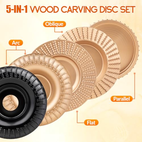 Beaiguna 5PCS Wood Carving Disc, 4IN and 4 1/2IN Angle Grinder Polishing Pad Stump Grinder Wheel, Angle Grinder Sanding Disc Tungsten Carbide Wheel Tools Set, Upgraded Wood Grinding Wheel Discs