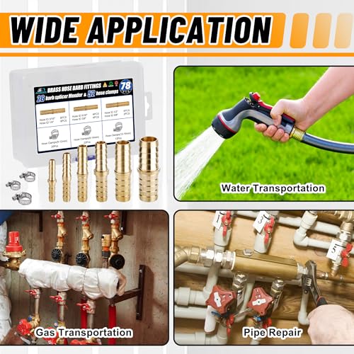 26PCS Brass Hose Barb Fittings Splicer Mender Kit with Pipe Clamp - size: 26pcs barb splicer