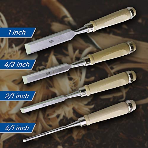 Woodworking 4 PC Wood Chisel Set Chrome-Vanadium Steel with Hornbeam Handles for Carpentry, Woodworking, Carving, Craftsman, 1/4 inch,1/2 inch,3/4 inch, 1 inch - size: 4 Piece Wood Chisel