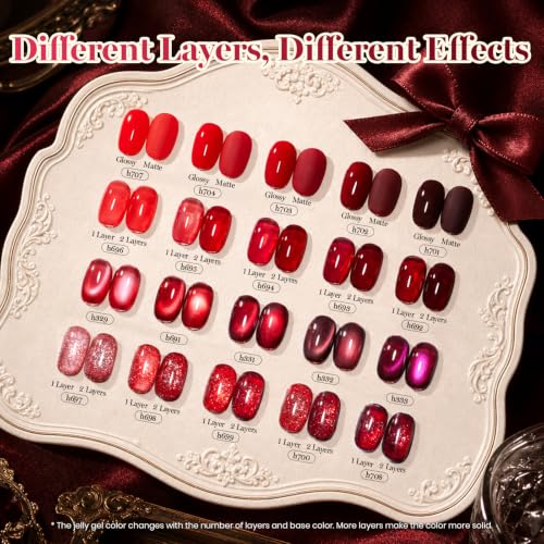 Beetles Red Gel Nail Polish Set, Jelly Glitter Cat Eye Solid Color | 20 Colors Shimmer Magnetic Nail Gel Kit with Base Coat Top Coat Matte Top Coat, LED UV Light Cure Soak Off Nail Art Manicure - color: A-Mixed Finishes | Burgundy Dream