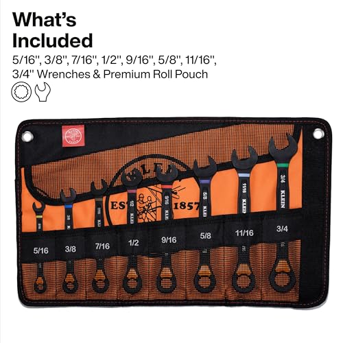 KLEIN TOOLS 69508 SAE Ratcheting Combination Wrench Set, 8-Piece, Slide-Lock 90-Tooth Ratchet, I-Beam Handle, Color-Coded Size Markings, Roll Pouch Storage - size: Slide Lock, SAE