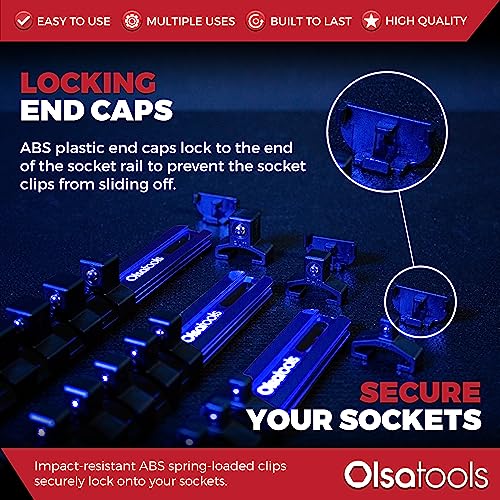 Olsa Tools 3-sets Socket Organizer Rail with Locking Caps, Blue - color: Blue, size: 3pc, 1/4, 3/8, & 1/2-Inch Drive