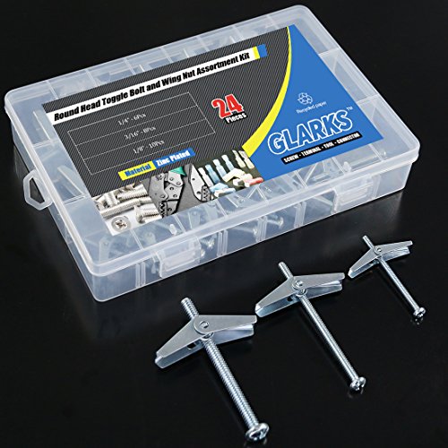 Glarks 24Pcs 1/8'', 3/16'', 1/4'' Toggle Bolt and Wing Nut Assortment Kit Zinc Plated Steel Round Head Toggle Bolts for Hanging Heavy Items on Drywall