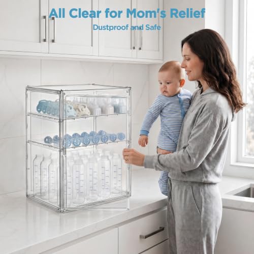 HBlife Baby Bottle Storage Organizer for Countertop Cabinet, 3 Tiers Adjustable Clear Acrylic Bottles Storage Station Case Box Container with 2 Removable Dividers and Magnetic Door, XXL - size: XXLarge, style: 3-Tier Single Door
