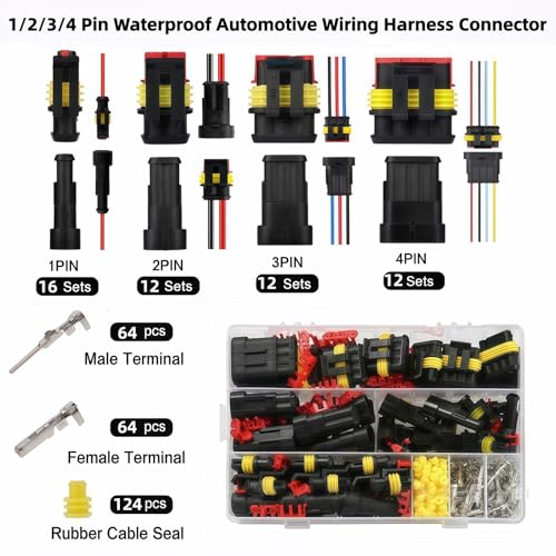 352Pcs Waterproof Automotive Electrical Connectors Kit with 24-16 AWG（0.25-1.5mm²）Ratchet Crimper, 1/2/3/4 Pin Wire Connector Terminals for Car Truck Boat, Weatherproof Electrical Connector Set