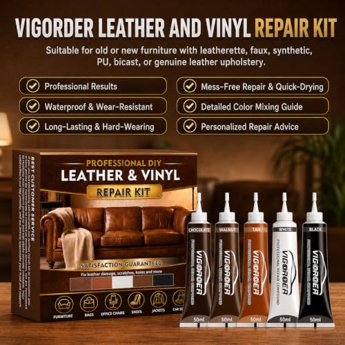 Vigorder Leather Repair Kit for Furniture, Vinyl Repair Kit - Easy DIY Solution to Fix Scratches, Tears, Holes, and Peeling