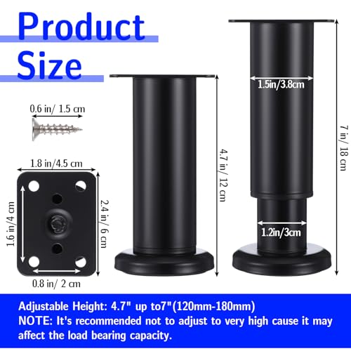 4PCS Metal Adjustable Furniture Legs, 4.7-7.4 Inch Cabinet Legs Extension, Heavy Duty Black Support Replacement Leg for Bed Couch Dresser Chair Coffee Cabinet Table, Thicked Furniture Feet Set
