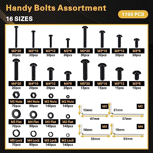 1700PCS Metric Nuts and Bolts Assortment Kit - M2 M3 M4 M5 Screws Assortment, Assorted Machine Screw Set with Lock & Flat Washers, Grade 12.9 Alloy Steel Hex Socket Head Screws Bolts and Nuts Kit