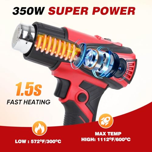 Cordless Heat Gun Compatible with Milwaukee m18 Battery 350W Fast Heating 120℉–1112℉ Variable Temperature LCD Display Portable Hot Air Gun 4 Nozzles for Crafts, DIY (Tool Only, Not Made by Milwaukee)