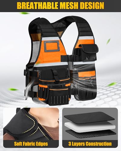 Electrician Tool Vest for Men, Carpenter Safety Work Vest - color: Orange
