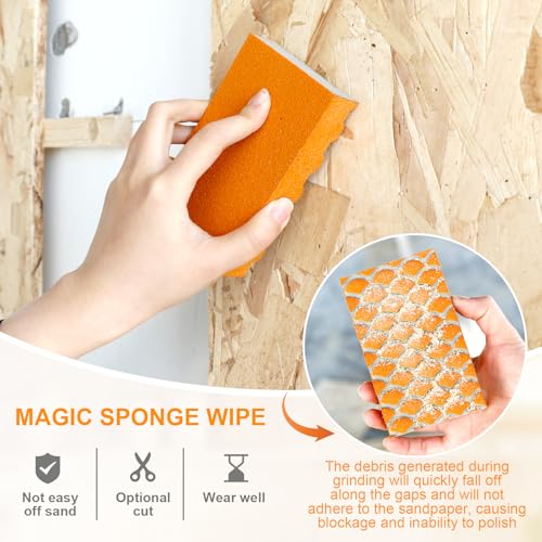 10 Pack Sanding Sponges, Washable Reusable Sanding Blocks, Wet Dry Sandpaper Sponge Set with 60/80/100/120/150 Grit for Woodworking, Drywall, Furniture, Paint, Metal & Home Improvement