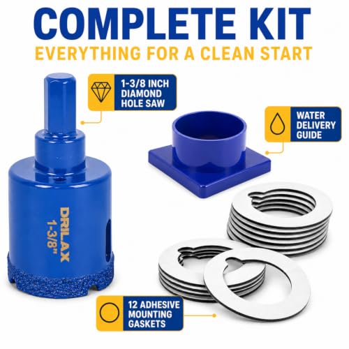 Drilax 1-3/8 inch Diamond Hole Saw Kit with Water Delivery Cup & Drill Guide, Granite Quartz Porcelain Tile Glass Drill Bit for Countertops, Faucets, Soap Dispensers & DIY Installations - size: 1-3/8 inch Cobalt