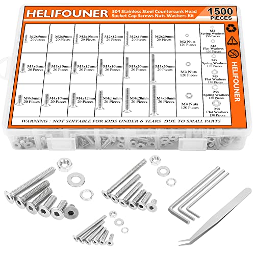 HELIFOUNER 1500 Pieces M2 M3 M4, 304 Stainless Steel Countersunk Head Socket Cap Metric Screws Bolts Washers Nuts Hardware Assortment Kit with Hex Wrenches - style: Countersunk Head