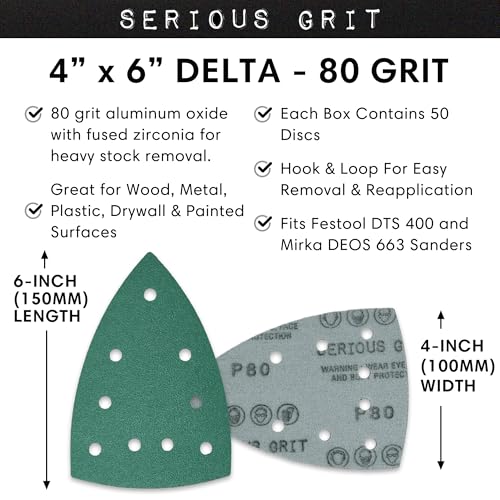 Serious Grit - 4" x 6" Delta P80 Grit Sanding Sheets - 50 Pack Box | Fits Festool DTS 400 & Mirka DEOS Delta Sanders - Heavy-Duty Hook & Loop Wet/Dry Film Sandpaper for Detail Work - size: 80 Grit