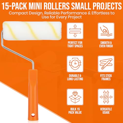 Harrier Hardware 15-Pack 6" Mini Paint Roller Covers 3/8" Nap