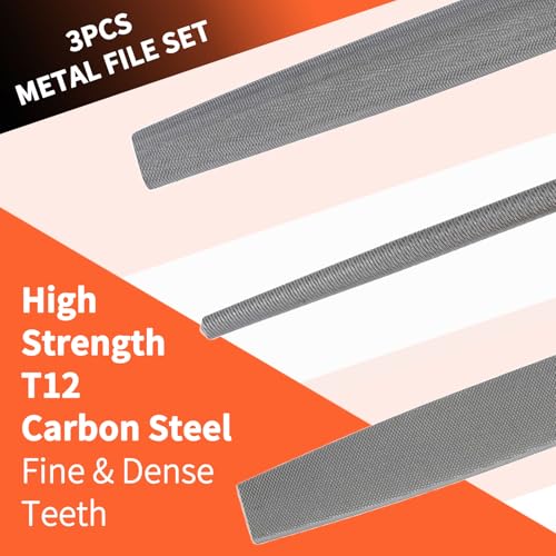 KUZURYU 3-Piece File Set for Metal | Includes Flat/Half-Round/Round | T12 High Carbon Steel Files | 8" Rasp Kit for Home Repair, Workshop & Industrial Use - size: Metal File - 3 pcs