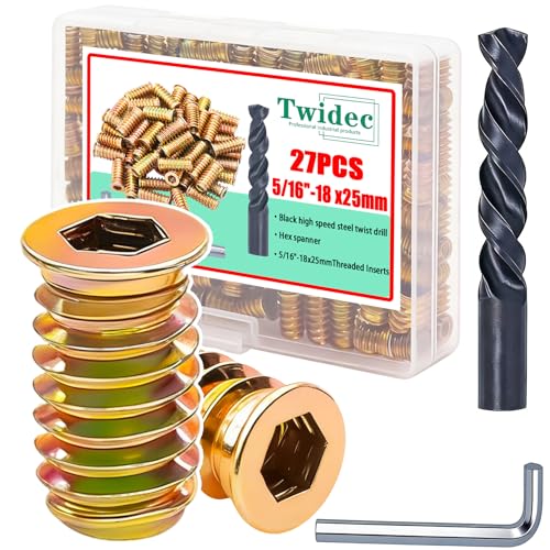 Twidec/27PCS 5/16"-18 Threaded Inserts for Wood Furniture Screw-in Nut Wood Inserts Bolt Assortment Kit with M8 Hex Wrench (5/16"-18 x25mm) - size: 5/16"-18 x 25mm (27 PCS)