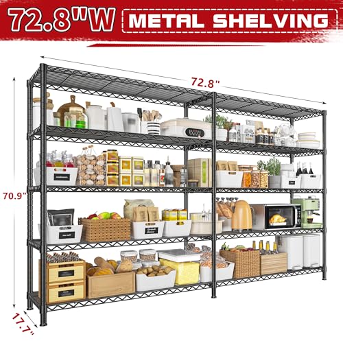 REIBII 72.8" W Storage Shelves Load 1600LBS, 5 Tier Metal Shelving Unit - size: 17.7" D x 72.8" W x 70.9" H