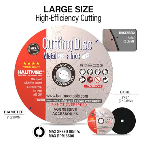 HAUTMEC 10 Pack Cut Off Wheels 9" x 5/64" x 7/8", Expert Metal Cutting Discs for Angle Grinder, Premium Aluminium Oxide Abrasive for Aggressive Cutting Metals & Steel, MPA Certified - HTACH25044 - size: 9" x 5/64" x 7/8" (10 pcs)