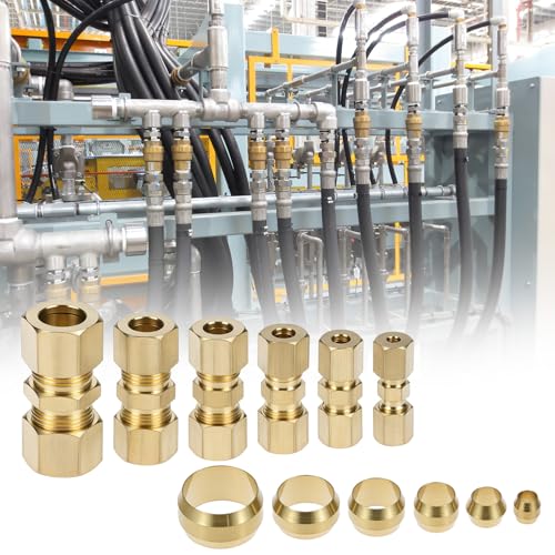 QWORK 46pcs Brass Compression Tube Fittings, 1/8" 3/16" 1/4" 5/16" 3/8" 1/2" OD Straight Union Coupling Assortment Kit for Truck Airlines