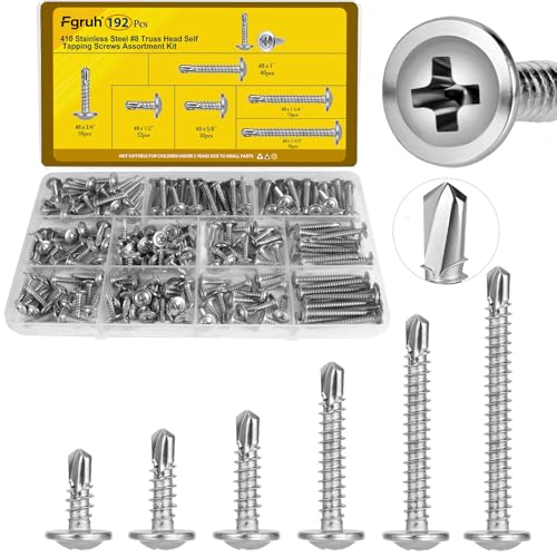 192Pcs #8 Self Tapping Screws Assortment Kit, #8 x 1/2",5/8'',3/4",1",1-1/4",1-1/2'' Modified Truss Head Sheet Metal Screw, 410 Stainless Steel Self Drilling Screws for Metal - size: 192pcs #8 Silver