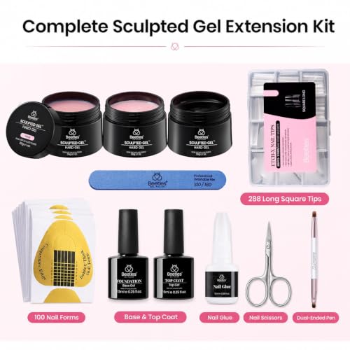 Beetles Hard Gel Nail Extension Kit, 3 Color Builder Gels & Half Cover Tips - color: Clear Nude Glitter Jelly Pink with Long Square Nail Tips 3 x 30 g