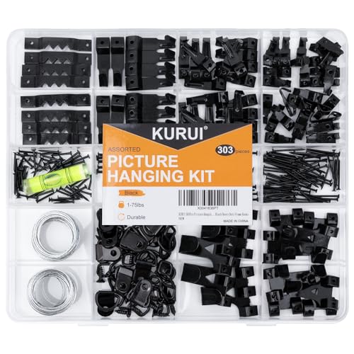 KURUI 303Pcs Picture Hangers for Wall Art Decor Tapestry, Picture Hanging Kit With Heavy Duty Wall Hooks, Sawtooth, Picture Wire, D Rings, Hardware Nails, Eye Hooks, Black Frame Hooks for Drywall Wood - size: Black
